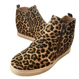 Outwoods Ankle Wedge Booties Womens 10 Black Brown Leopard Print Side Zip